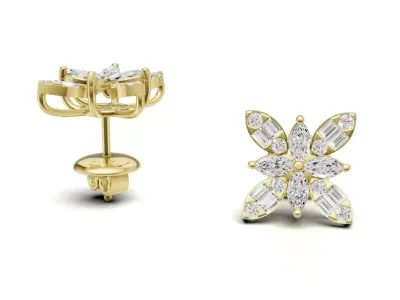 Floral Cluster Diamond Stud Marquise and baguette Diamond 3D print model