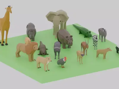 Cartoon LowPoly African Animals Collection Low-poly 3D model
