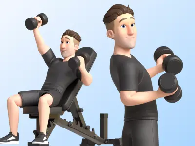 Cartoon Sports Gym Fitness Man Illustrations Style Low-poly 3D model