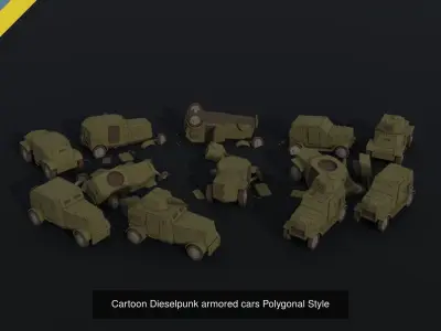 Cartoon Dieselpunk armored cars asset Polygonal Style 3D Model Pack