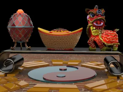 Chinese lion dance figure with yuanbao 3D model