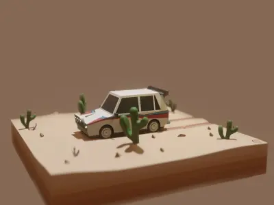 Low Poly Rally car in desert with cactus Low-poly 3D model