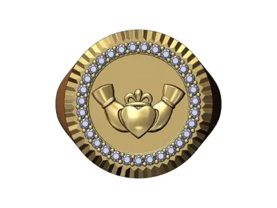 Fluted bezel Claddagh heart crown diamond signet ring size 9 3D print model