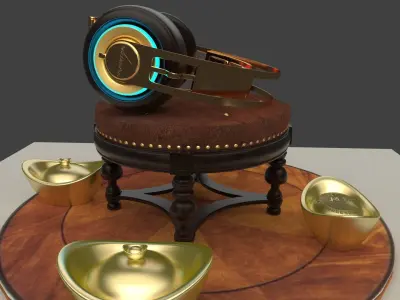 Chinese gold ingot  with neon headphone  3D model
