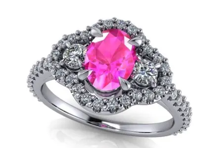 Birthstone Halo Ovalcut 3 Stone Family Ring Jewelry USA size7 3D print model