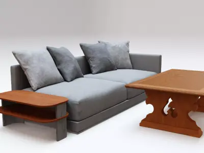 Gray Fabric Couch and Wooden Coffee Table 3D model