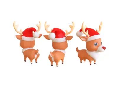 Cute Reindeer Wearing Santa Hat 3D Model Christmas Decor Low-poly 3D model
