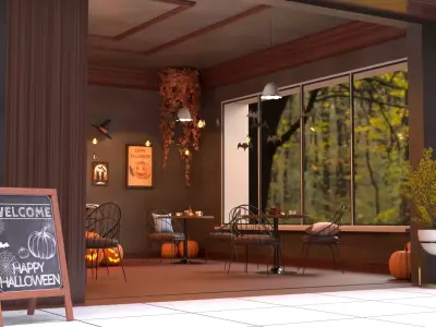 Halloween Cafe Interior Complete Scene with Furniture and Props 3D model