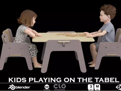Kids Playing at Table 3D Model - Realistic Children Low-poly 3D model
