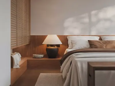 Modern Asian Twin-Bed Suite - Warm Wooden Japandi Bedroom 3D model