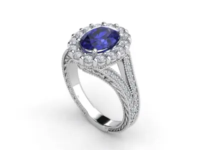 R ES017 oval sapphire and diamond halo ring 3D print model
