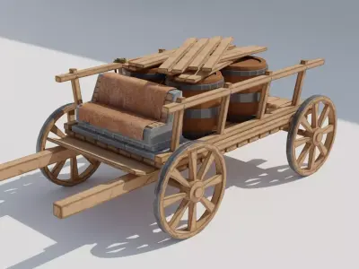 Medieval cart with barrels Low-poly 3D model