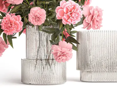 Bouquet of pink peonies flowers in a glass vase 378 3D model