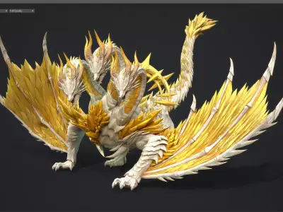 Three headed golden dragon Low-poly 3D model