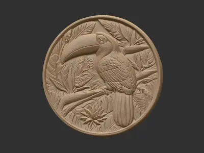  relief carving of a toucan cnc model round frame  3D print model