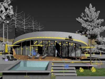 Modern Curved Villa Exterior with Pool and Night Lighting Low-poly 3D model
