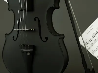 Violin 3D Model with music sheets floating in air Low-poly 3D model