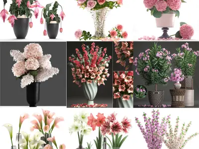 Collection of pink flower bouquets in vases 40 pieces 3D model