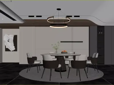 Modern Luxury Dining Room Circular Chandelier Mixed Chairs 3D model