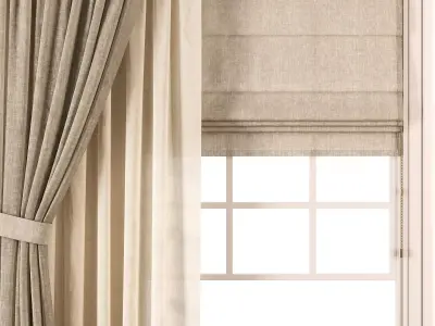 Triple Layer Natural Linen Curtain Set 3D model