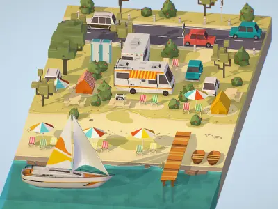 isometric camping big scene on the river Low-poly 3D model
