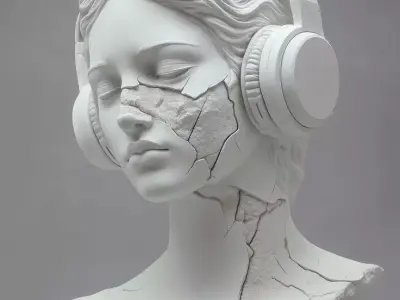 Echoes of Solitude Cracked Marble Bust with Headphones Low-poly 3D model