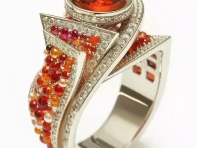 Luxury Fire Gem Ring 3D Orange Red Gems Diamond Pave Low-poly 3D model