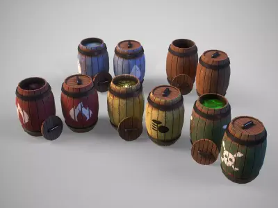 Interactive gameready barrels pack 3D Model Collection
