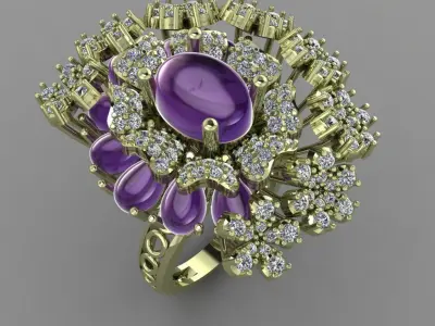 Amethyst Stone With Daimond  Flowers Ring 3D printable 3D print model