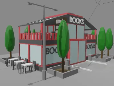 Bookstore building and decorations Free low-poly 3D model