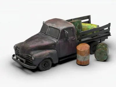 Ruined truck with Barrel destroyed vihicle Low-poly 3D model