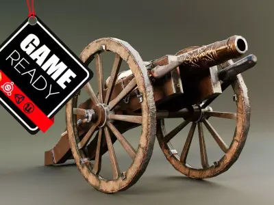Cannon on wheels Low-poly 3D model