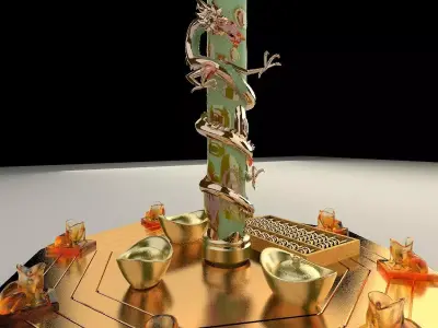 Chinese gold ingot with abacus and dragon 3D model