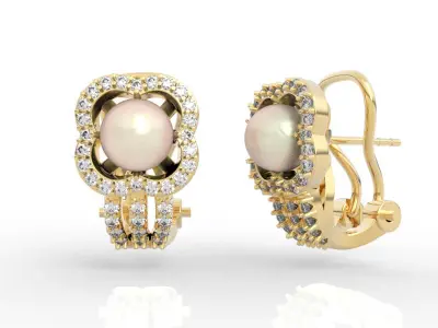 Flower Pearl and Diamond Stud Earrings 3D print model