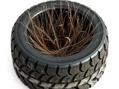 Worn Tire Planter Dry Grass Low-poly 3D model