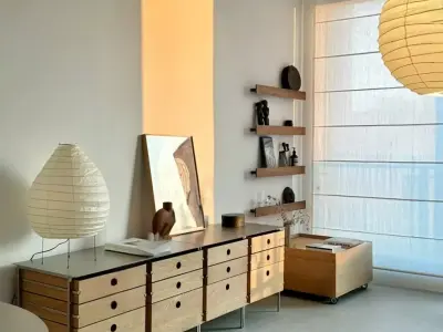 Scandinavian Living Room with Modular Dresser and Paper Lanterns 3D model