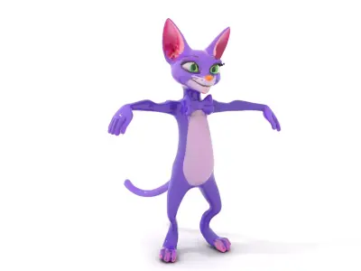 Purple Cartoon Cat with Bow Tie Rigged and Animated Model Low-poly 3D model