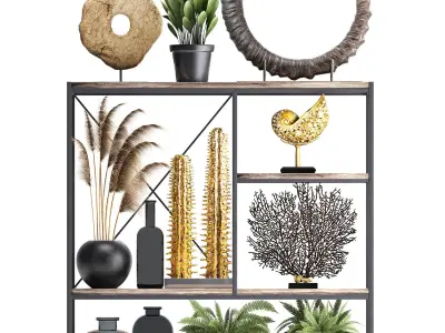 Shelf with reeds and plants coral decor 3D model