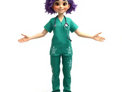 Animated D Medical Character with Purple Hair and Stethoscope Low-poly 3D model