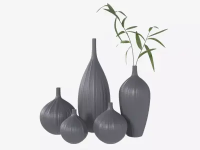 Ceramic dark vase set with plants 3D model