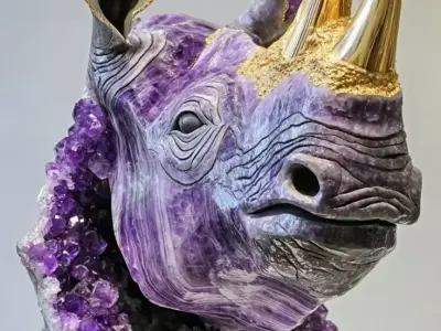 Amethyst Rhino Sculpture Purple Crystal Animal Gold Horns 3D Low-poly 3D model