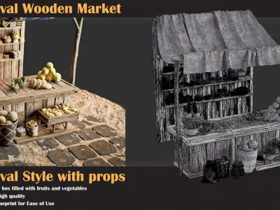Medieval Wooden Market Pack  Set 3 With Props 3D model