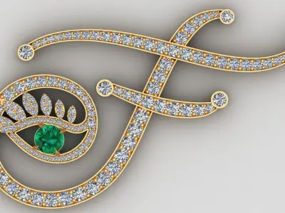 Tabayer F Letter Diamond Emerald Gold Pendant 3D print model