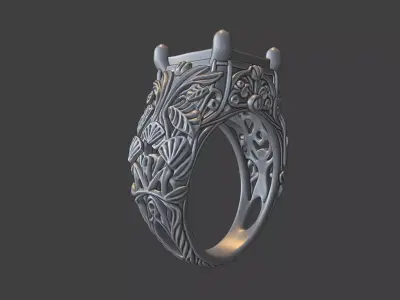 floral scrollwork ring cushion cut  cut square gemstone 3D print model