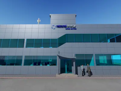 office building with flags Low-poly 3D model