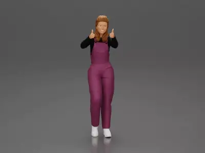 Smiling girl in overalls showing a thumbs up with both hands 3D print model
