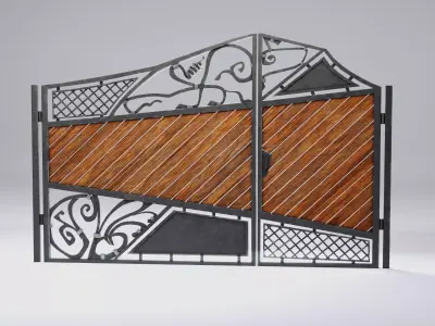 Wrought iron gates with wooden boards Low-poly 3D model