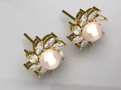 Gold flower design stud earring with pearl diamonds  modelpe0046 3D print model