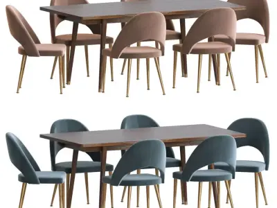 Dining Set table and six chairs velvet 3D model