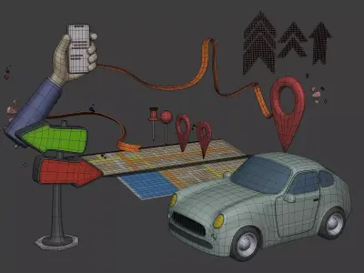 Cartoon Scene - Car Icon Map Hand Smartphone Direction Cursor AD Low-poly 3D model